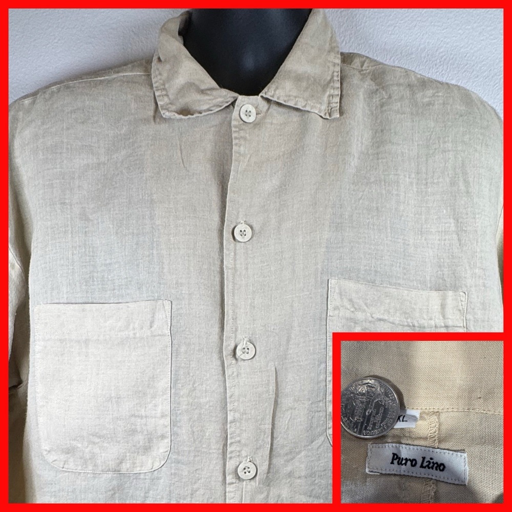 Puro Lino Button Down Shirt Mens XL Beige 100% Linen Long Sleeve Coastal Relaxed